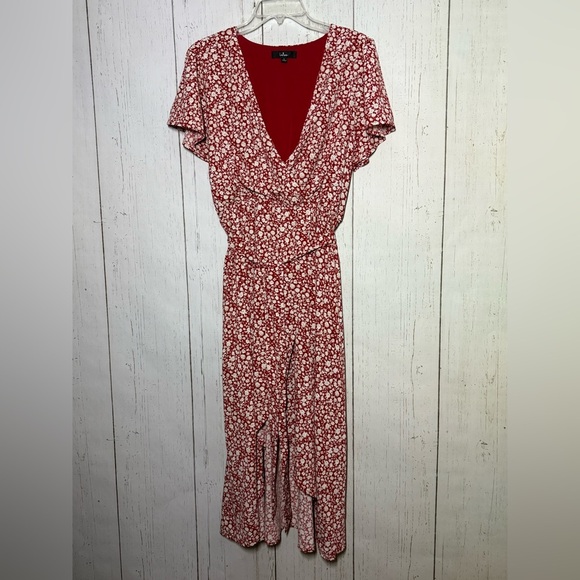 Lulus Red Cream Floral Tie Short Sleeve Spring Casual High Low Dress Size Large - Picture 1 of 5